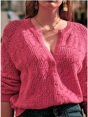 Sezane Capucine Organic Cotton Fancy Knit Crochet Cardigan in Pink, Size Small